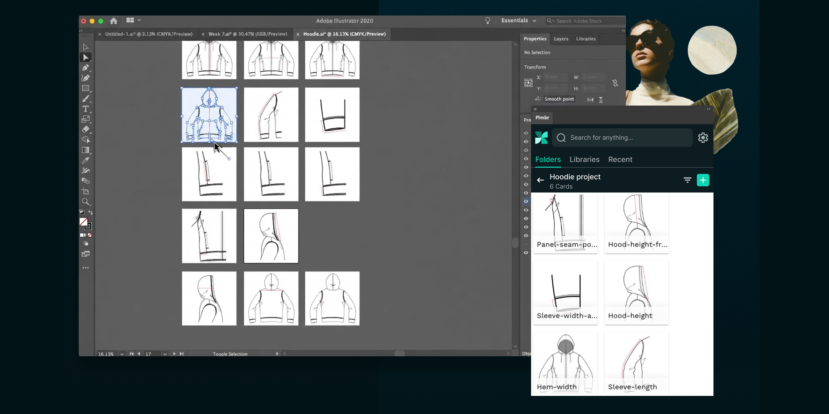 Designer working on hoodie flats in Adobe Illustrator with the PLMBR panel open