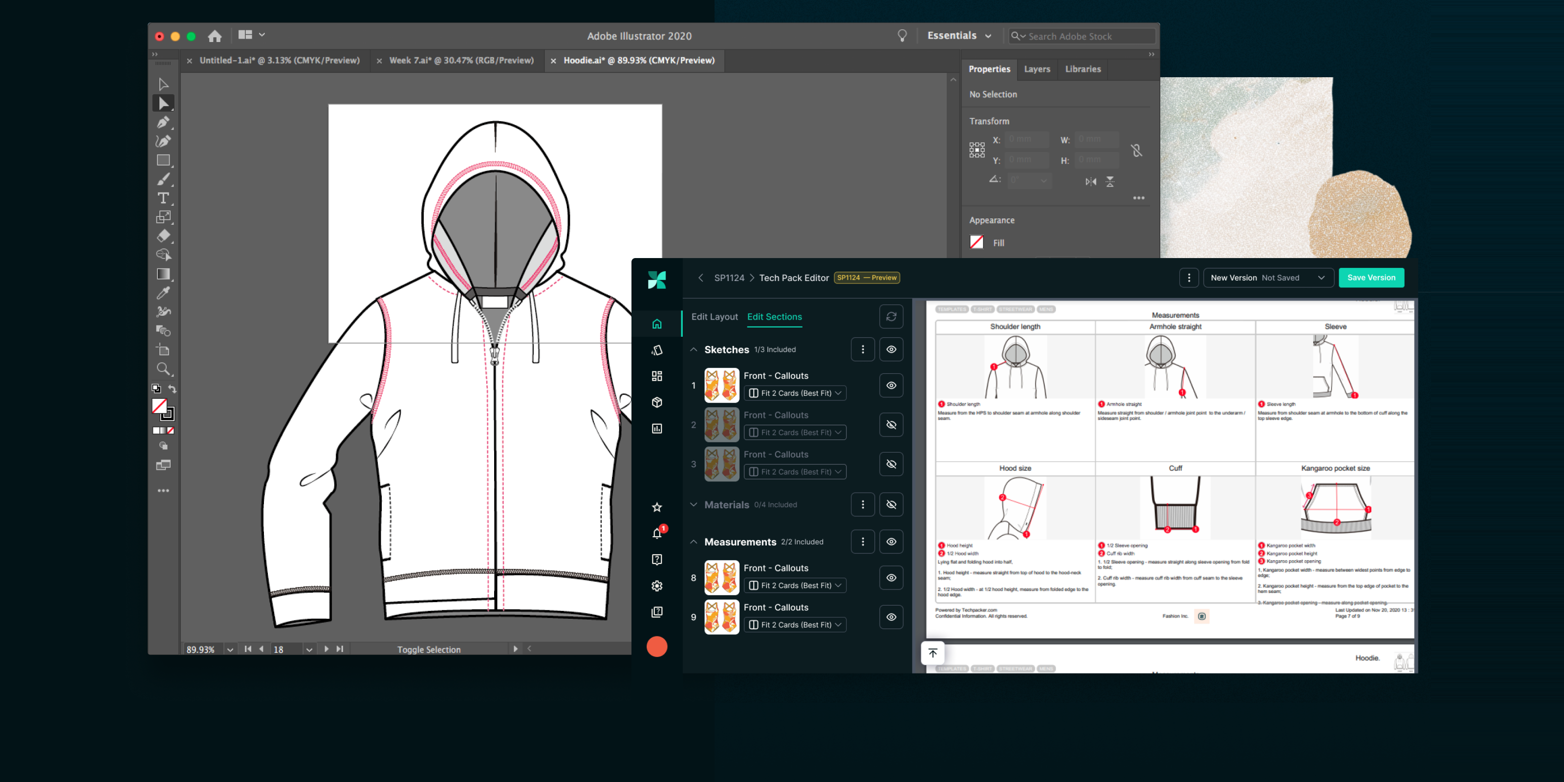 Hoodie sketch with measurements and callouts in the PLMBR Tech Pack Editor