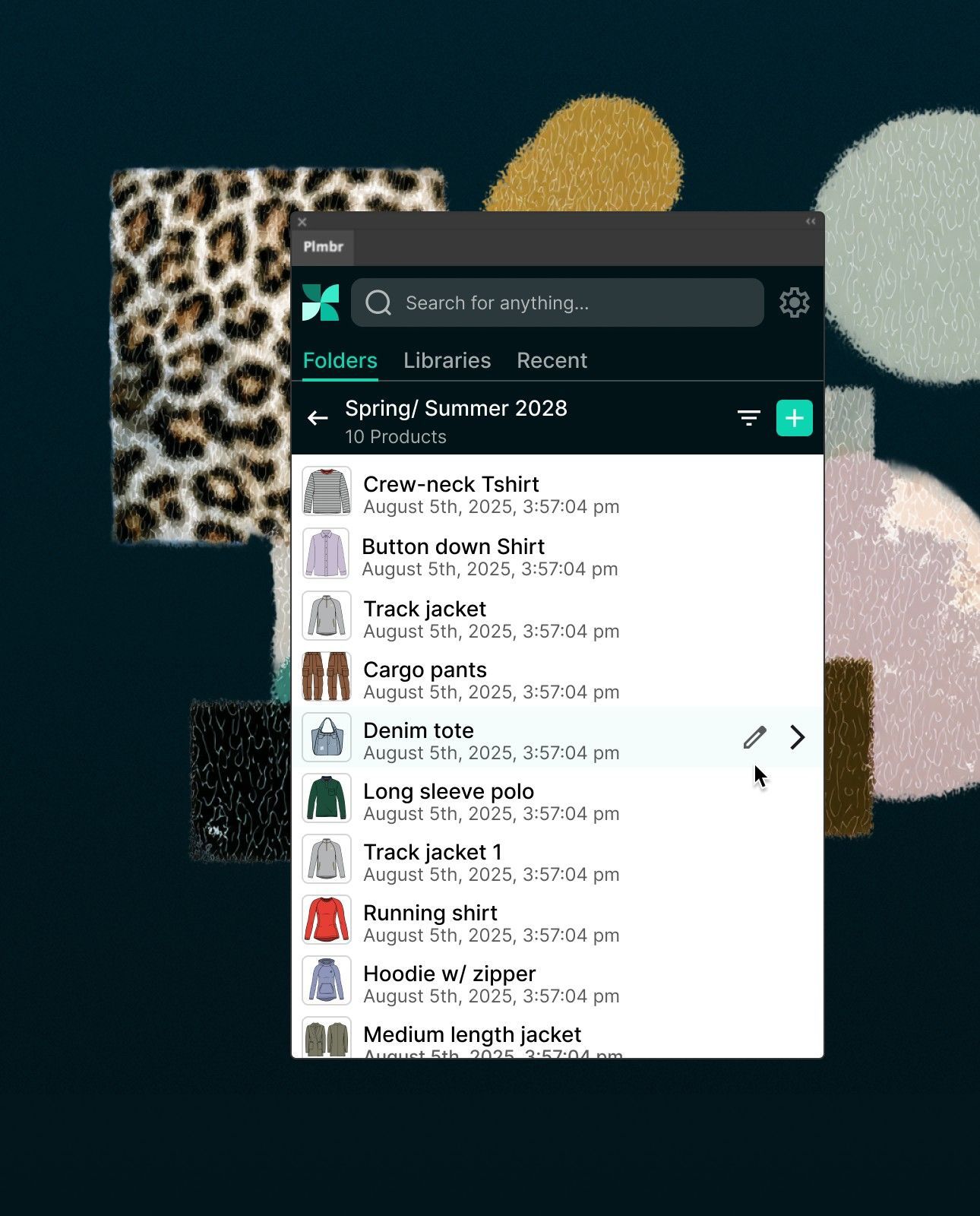 PLMBR panel in Adobe Illustrator showing a Spring/Summer 2028 folder of products