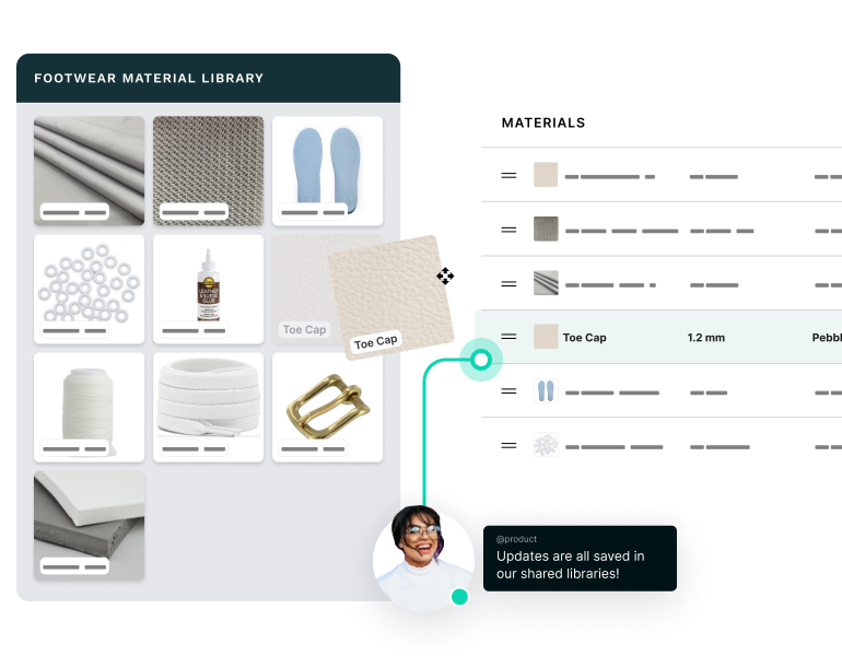 Reusing footwear material library assets by dragging them into a product workspace and keep data synchronized