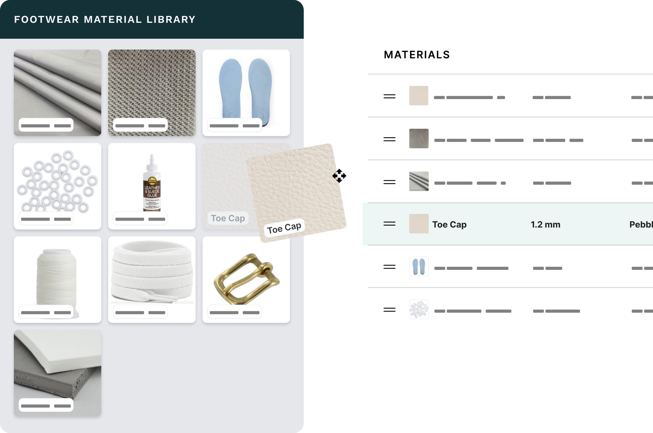 Reusing footwear material library assets by dragging them into a product workspace and keep data synchronized