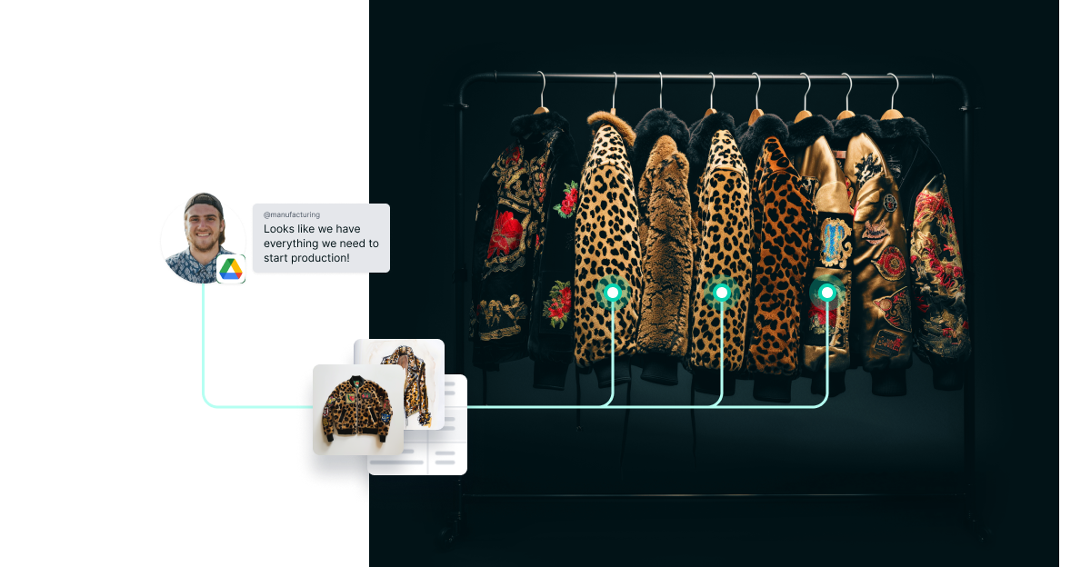 A rack holds assorted clothes with a digital library of product development assets.