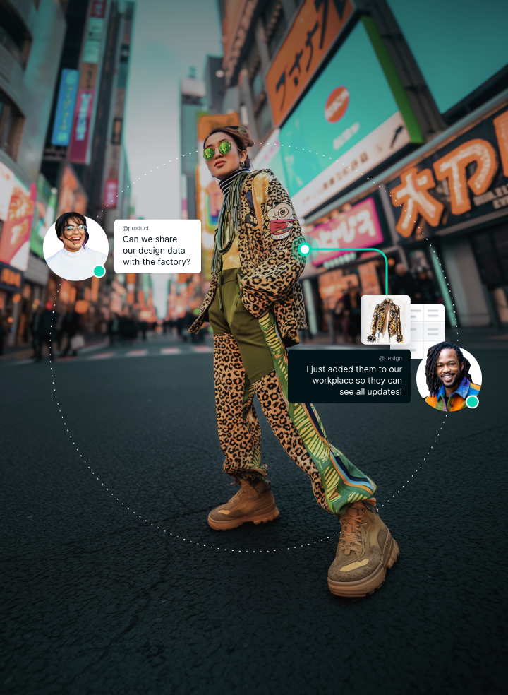 A person in a trendy streetwear outfit with digital product development graphics, highlighting the impact of AI-driven PLM software on the fashion industry