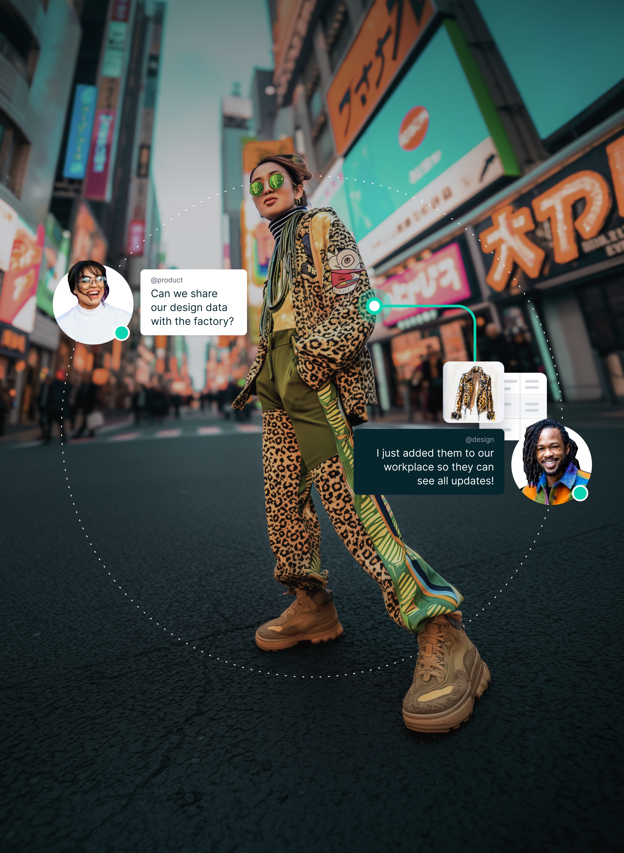 A person in a trendy streetwear outfit with digital product development graphics, highlighting the impact of AI-driven PLM software on the fashion industry